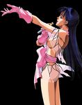  80s ass blue_hair breasts earrings gloves highres jewelry large_breasts long_hair lynn_minmay macross microphone oldschool solo third-party_edit 