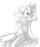  armpits bare_shoulders bed_sheet blush camisole greyscale haoto_luna long_hair monochrome original panties ponytail simple_background sitting solo underwear very_long_hair white_background 