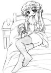  alice_margatroid bed blush character_doll crescent doll greyscale hair_ribbon hat monochrome murabito no_panties patchouli_knowledge ribbon solo thighhighs touhou 