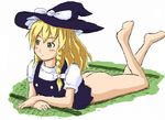  ass barefoot blonde_hair bottomless braid feet hat kirisame_marisa no_panties oekaki solo tetsuji touhou witch_hat yellow_eyes 