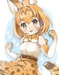  1girl :p animal_ears belt blonde_hair bow bowtie commentary_request elbow_gloves erodaimyo extra_ears eyebrows_visible_through_hair gloves high-waist_skirt kemono_friends looking_at_viewer medium_hair paw_background paw_pose print_neckwear print_skirt serval_(kemono_friends) serval_ears serval_print serval_tail shirt skirt sleeveless sleeveless_shirt smile solo tail tongue tongue_out white_shirt yellow_eyes 