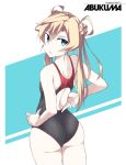  1girl abukuma_(kantai_collection) alternate_costume ass bangs black_swimsuit blonde_hair blue_eyes character_name commentary_request competition_swimsuit cowboy_shot double_bun from_behind gesture hair_between_eyes hair_rings hand_on_hip kantai_collection long_hair looking_at_viewer looking_back one-piece_swimsuit solo souji swimsuit triangle_mouth two-tone_background white_background 