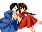  bangs barefoot black_hair brown_hair enma enma_(character) error grin hair_over_one_eye japanese_clothes kimono kurame kusari_hime:_euthanasia long_hair multiple_girls nail_polish ponytail red_eyes short_hair side_ponytail sitting slit_pupils smile tattoo tetsuji 