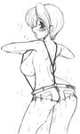  ass bad_id bad_pixiv_id bare_shoulders blush breasts greyscale huge_breasts mashitaka monochrome short_hair short_shorts shorts sideboob sketch solo suspenders sweat 