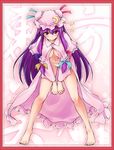  1girl :&lt; barefoot bent_over border breasts crescent fechirin feet hands hat large_breasts long_hair open_clothes open_shirt panties patchouli_knowledge purple_eyes purple_hair red_border shirt solo staring touhou underwear white_panties 