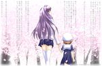  cherry_blossoms clannad fujibayashi_kyou fujibayashi_ryou jnr-m long_hair multiple_girls okazaki_ushio purple_hair school_uniform short_hair siblings sisters skirt thighhighs translated twins zettai_ryouiki 