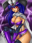  althena blue_hair boots breasts cape cleavage dark_skin elbow_gloves gloves hat large_breasts lipstick long_hair luna_noah lunar lunar:_the_silver_star makeup red_eyes solo thighhighs 