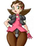  brown_hair crotch_plate earrings gloves green_eyes hair_pulled_back hand_on_hip isu jewelry kobun lowres pantyhose rockman rockman_dash tron_bonne when_you_see_it wide_hips 