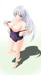  amicis barefoot black_school_swimsuit breasts highres large_breasts long_hair nipples one-piece_swimsuit original pulled_by_self school_swimsuit shadow solo swimsuit swimsuit_pull white_hair 