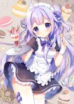  1girl :o ahoge alternate_costume apron azur_lane bangs black_dress blush bow breasts center_frills collared_dress commentary_request doughnut dress enmaided eyebrows_visible_through_hair food frills hair_bun hair_ribbon head_tilt holding holding_spoon holding_tray ice_cream long_hair macaron maid maid_apron maid_headdress mauve one_side_up parfait parted_lips puffy_short_sleeves puffy_sleeves purple_bow purple_eyes purple_hair purple_ribbon ribbon short_sleeves side_bun small_breasts solo spoon thighhighs tray unicorn_(azur_lane) very_long_hair white_apron white_legwear wrist_cuffs 