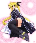  ass black_legwear blonde_hair blush breasts cape fate_testarossa gauntlets hair_ribbon kamogawa_tanuki large_breasts long_hair lyrical_nanoha magic_circle mahou_shoujo_lyrical_nanoha_strikers octagram red_eyes ribbon skirt solo star_of_lakshmi thighhighs twintails zettai_ryouiki 