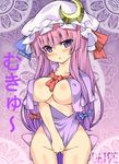  :&lt; ascot bad_id bad_pixiv_id bangs blunt_bangs blush body_blush bottomless bow breast_hold breasts capelet collarbone covered_nipples crescent daive groin hair_bow hat head_tilt highres large_breasts long_hair looking_at_viewer naked_shirt open_clothes open_shirt patchouli_knowledge purple_background purple_eyes purple_hair shiny shiny_skin shirt shirt_tug solo standing thigh_gap touhou very_long_hair wide_hips 