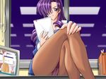  computer crossed_legs game_cg hair_over_one_eye kagamisaki_yuina kashino_shouta long_hair panties panties_under_pantyhose pantyhose pantyshot purple_eyes purple_hair sitting solo sweet_happiness underwear 