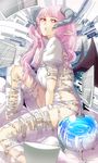  armlet belt belt_buckle buckle demon_girl demon_wings horns long_hair looking_back orb original pink_hair pointy_ears puffy_sleeves pursed_lips red_eyes screen sitting solo static tanupo wavy_hair wings 