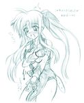  1girl ahoge blush breast_hold breasts fate_testarossa full-face_blush johnny_(from_scratch) long_hair lyrical_nanoha mahou_shoujo_lyrical_nanoha_strikers monochrome simple_background solo standing surprised sweat thighs twintails very_long_hair white_background 