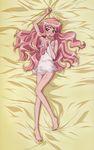  armpits barefoot bed_sheet blush chemise feet flat_chest fujii_masahiro highres lingerie long_hair looking_at_viewer louise_francoise_le_blanc_de_la_valliere lying on_back on_bed pink_hair see-through sheet_grab solo strap_slip underwear zero_no_tsukaima 