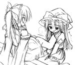  blush detached_sleeves feet greyscale hakurei_reimu hat japanese_clothes kirisame_marisa lowres miko monochrome multiple_girls murabito ribbon touhou 