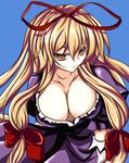  bad_id bad_pixiv_id blonde_hair blue_background bow breasts cleavage dacho expressionless large_breasts long_hair looking_at_viewer naughty_face pink_eyes ribbon shaded_face simple_background solo touhou upper_body yakumo_yukari yellow_eyes 