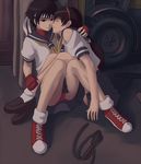  bad_id bad_pixiv_id black_hair blue_sailor_collar carrying chitose_kei fingerless_gloves gloves hairband headband kasugano_sakura maasan multiple_girls panties sailor_collar school_uniform serafuku short_hair strap_slip street_fighter torn_clothes underwear 