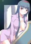  anastasia_valeria argetlahm blue_background blue_hair blush bottomless breasts cleavage copyright_name hairband johnny_funamushi large_breasts long_hair naked_shirt open_clothes open_shirt red_eyes red_hairband shirt smile wild_arms wild_arms_2 