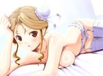  blonde_hair blush brown_eyes bun_cover double_bun garter_belt hayasaka_akira lingerie lying panties solo super_real_mahjong thighhighs topless underwear underwear_only wadapen 