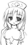  breasts greyscale hat large_breasts lowres monochrome murabito open_clothes open_shirt shirt solo touhou yagokoro_eirin 