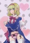  alice_margatroid bad_id bad_pixiv_id blonde_hair blue_eyes blush eyebrows eyebrows_visible_through_hair frown hair_between_eyes hairband highres midriff navel panties pink_panties saneatsu short_hair side-tie_panties skirt skirt_lift solo thighhighs touhou underwear white_legwear 