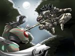  battle combistick crossover highres kamen_rider kamen_rider_amazon kamen_rider_amazon_(series) polearm predator predator_(movie) tsuki_wani weapon 
