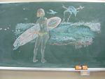  barefoot bikini chalk_(medium) chalkboard classroom_eraser dolphin from_behind kyan-dog ocean original photo solo surfboard swimsuit traditional_media water wings 