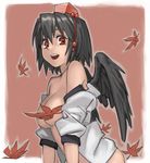  bad_id bad_pixiv_id bare_shoulders black_hair black_wings border breasts chibi_maru convenient_censoring fading_border hat leaf looking_at_viewer maple_leaf medium_breasts off_shoulder open_clothes open_mouth open_shirt red_eyes shameimaru_aya shirt smile solo tokin_hat touhou wings 