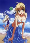  absurdres ahoge artoria_pendragon_(all) barefoot beach bikini cloud day fate/stay_night fate_(series) fujii_maki highres illyasviel_von_einzbern multiple_girls open_mouth outdoors saber sky smile swimsuit water 