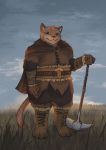  anthro armor barbarian belt boots brown_fur claws cloak clothed clothing cloud detailed_background dungeons_&amp;_dragons felid field footwear fur hammer holding_object holding_weapon kirkir leather leather_armor male mammal melee_weapon outside pantherine planted_weapon ripples_across_the_pond sky smile solo standing tabaxi tools warhammer weapon 