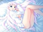  battlenote bed blue_eyes blush bottomless braid breasts galzoo_island game_cg large_breasts legs long_hair lying mutsumi_masato no_bra no_panties open_clothes open_mouth open_shirt shirt solo underboob very_long_hair white_hair 