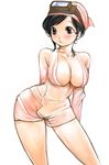  arched_back arms_behind_back bandana bangs bare_legs black_hair blush bodysuit breasts brown_eyes cleavage collarbone feet_out_of_frame goggles goggles_on_head kazaana large_breasts leaning_forward legs_apart long_sleeves looking_to_the_side original short_hair simple_background solo standing swept_bangs white_background 