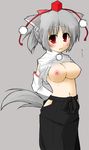  animal_ears black_hakama blush breasts detached_sleeves fang grey_hair hakama hat inubashiri_momiji japanese_clothes large_breasts navel nipples red_eyes short_hair solo tail tokin_hat touhou uhyo_(uhyoahya) wolf_ears wolf_tail 