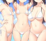  3girls arm_up armpits bare_chest bare_shoulders bikini black_hair breasts cleavage cloud cloudy_sky collarbone commentary copyright_request day english_commentary faceless faceless_female finger_to_mouth ghettoyouth grin hand_on_another&#039;s_hip large_breasts long_hair matching_outfit multiple_girls navel outdoors short_hair sky small_breasts smile swimsuit thigh_gap twintails white_bikini white_bikini_bottom white_bikini_top 