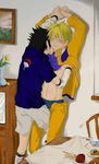  2boys against_wall artist_request black_hair blonde_hair blush duplicate eyes_closed jpeg_artifacts knee knees male male_focus multiple_boys naruto open_clothes open_shirt restrained sex shirt shirt_lift uchiha_sasuke undressing unzipped uzumaki_naruto yaoi 