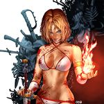  bare_shoulders bikini blonde_hair blood blood_splatter blue_eyes breasts choker cleavage fire golden_axe large_breasts lips lipstick magic makeup midriff odb short_hair skeleton swimsuit sword tyris_flare video_game weapon 