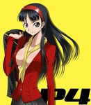  amagi_yukiko aran_sweater between_breasts black_hair breasts c_(neta) cardigan hairband jacket large_breasts long_hair no_bra open_clothes open_shirt parody persona persona_4 shirt sideboob skirt solo sweater 