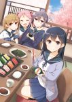  &gt;_&lt; 4girls :d ahoge akebono_(kantai_collection) bandaid bandaid_on_face bangs bell black_hair black_legwear blue_sailor_collar blue_shirt blue_skirt blush breasts brown_hair buttons chopsticks closed_mouth collarbone commentary_request cup drink eating eyebrows_visible_through_hair flower food hair_bell hair_between_eyes hair_bobbles hair_flower hair_ornament highres holding indoors jacket jingle_bell kantai_collection large_breasts leaf long_hair long_sleeves looking_at_viewer multiple_girls neck_ribbon oboro_(kantai_collection) open_mouth pink_hair pleated_skirt purple_eyes purple_hair ribbon rice sailor_collar sazanami_(kantai_collection) school_uniform seiza serafuku shirt short_hair short_sleeves side_ponytail sitting skirt smile socks soy_sauce tatami tree twintails ushio_(kantai_collection) v vegetable window xd yume_no_owari 
