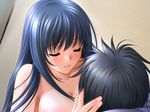  1girl bed blue_hair blush breast_press breast_sucking breasts cleavage closed_eyes couple cuddling game_cg girl_on_top happy_sex hetero hug large_breasts long_hair nanjou_sayaka nude pillow private_emotion ripe sano_toshihide sex smile 