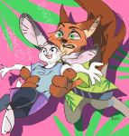  2019 abstract_background anthro barefoot canid canine clothing dipstick_ears disney duo female fox fur gloves_(marking) hawaiian_shirt holding_character judy_hopps lagomorph male mammal markings necktie nick_wilde pants rabbit shirt yasiplay zootopia 