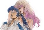  1girl biting breasts cleavage covering_another's_eyes covering_eyes ear_biting femdom hair_pull hand_on_another's_head licking long_hair macross macross_frontier medium_breasts non-web_source saotome_alto sheryl_nome 