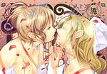  blonde_hair brown_hair chocolate closed_eyes copyright_request hanpen licking multiple_girls petals sexually_suggestive yuri 