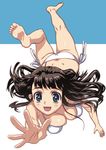  aqua_eyes barefoot bikini breasts brown_hair butt_crack cleavage feet floating_hair foreshortening full_body hands hirose_(mokiki) large_breasts long_hair open_mouth original outstretched_arm outstretched_hand side-tie_bikini soles solo sweat swimsuit white_bikini 