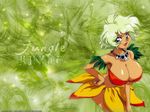  big_breasts blue_eyes breasts cleavage green_hair huge_breasts jungle_de_ikou mii mii_(jungle_de_ikou) open_mouth tribal wallpaper 