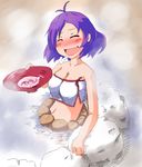  ahoge alcohol blush breasts cleavage cup drunk fang large_breasts midriff onsen purple_hair sakazuki sake short_hair sketch solo tetsuji touhou yasaka_kanako 