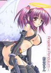  angel angelical_pendulum ass black_ribbon breasts covered_nipples feathers gun halo hoshiyumi_chiseri large_breasts matra_milan open_mouth purple_hair red_eyes ribbon short_hair skirt solo watermark weapon wings 