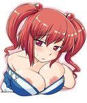  areola_slip areolae bad_id bad_pixiv_id blush breasts bursting_breasts cleavage hinemosu_notari large_breasts long_hair nipple_slip nipples onozuka_komachi red_eyes red_hair solo sweat touhou two_side_up 