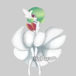  1girl artist_name bangs closed_mouth creatures_(company) female full_body game_freak gardevoir gen_3_pokemon green_hair grey_background hair_over_one_eye happy highres jpeg_artifacts knees_together_feet_apart looking_to_the_side marilyn_monroe mega_gardevoir mega_pokemon mezmaroon nintendo no_humans pokemon pokemon_(creature) red_eyes short_hair signature simple_background smile solo standing v_arms wind wind_lift 